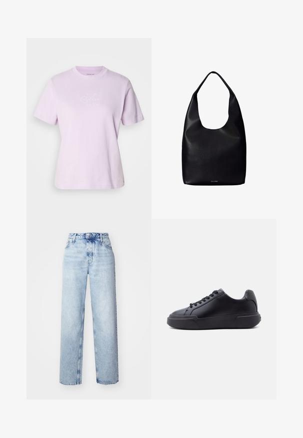 Himmelblaues Baumwoll-T-Shirt mit kurzen Ärmeln. Vorne befindet sich ein weiß bedrucktes "CK"-Logo auf der Brust. Standarddesign mit Rundhalsausschnitt.; Hellblaue High-Waist-Jeans mit lockerer Passform, geradem Bein, fünf Taschen und klassischem Knopf- und Reißverschluss.; Schwarzer Sneaker mit niedrigem Schaft aus glattem Leder, schwarzen Schnürsenkeln, dicker Sohle und strukturiertem Fersendetail vor neutralem Hintergrund.; Schwarze Leder-Shopper-Tasche mit einem breiten einzelnen Schulterriemen und einem dezenten Calvin Klein-Logo in der unteren Mitte.
