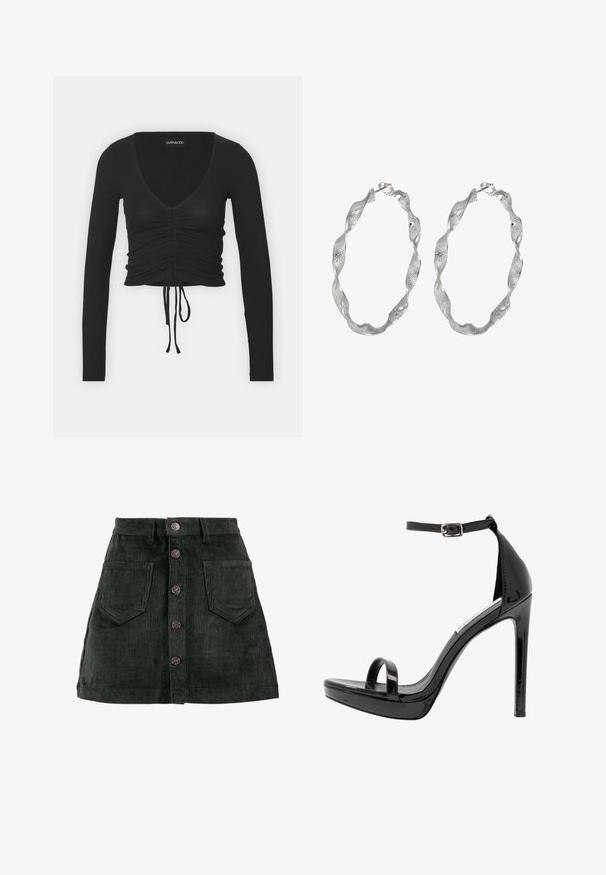 Top corto de manga larga negro acanalado con un profundo escote en V, detalles fruncidos en la parte delantera y lazo ajustable en el dobladillo.; ONLY ONLAMAZING GLOBAL - Minifalda - green gables; Steve Madden MILANO - Sandalias de tacón - black; Pendientes de aro de plata con un diseño retorcido, que presentan una superficie texturizada y un cierre seguro. Ligeros y reflectantes con un acabado elegante.