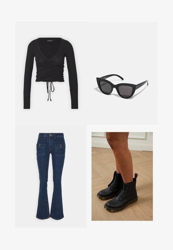 Top corto de manga larga negro acanalado con un profundo escote en V, detalles fruncidos en la parte delantera y lazo ajustable en el dobladillo.; The Ragged Priest FLASHBACK LOW RIDER - Vaqueros bootcut - blue; Botas de cuero negro hasta el tobillo con diseño de cremallera y cordones, que presentan costuras amarillas y una suela gruesa y texturizada.; Gafas de sol negras en forma de ojo de gato con un acabado mate, que presentan lentes ahumados grises, ángulos pronunciados y brazos laterales elegantes. Nombre de la marca visible en el interior del brazo.