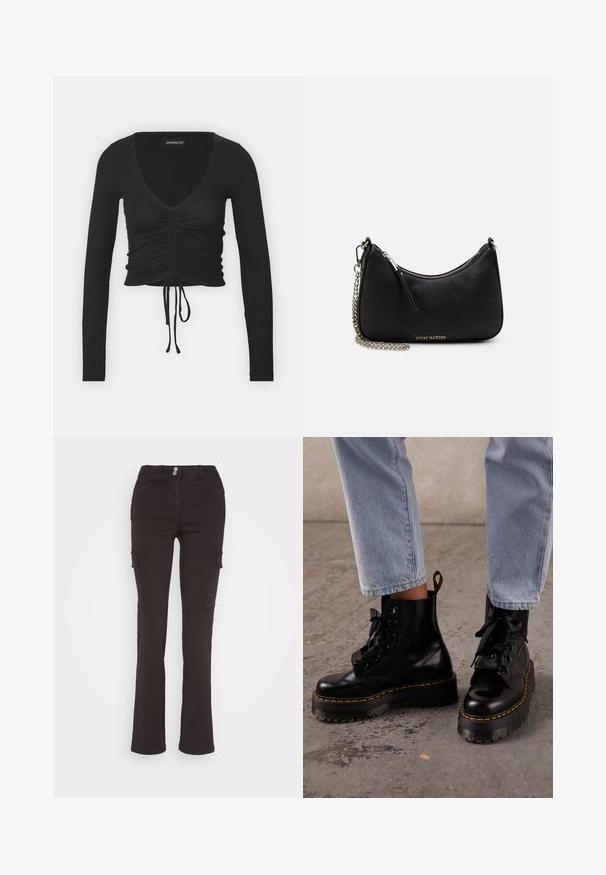 Top corto de manga larga negro acanalado con un profundo escote en V, detalles fruncidos en la parte delantera y lazo ajustable en el dobladillo.; Weekday BRENDA SLIM CARGO TROUSER - Pantalones cargo - grey dark; Persona que lleva puestos vaqueros azul claro y botas negras de cuero con plataforma y cordones, con costuras amarillas sobre un suelo de hormigón.; Bolso de mano sintético negro con forma curved, cadena plateada, cierre de cremallera y logo de la marca en relieve en la parte frontal. Textura suave.