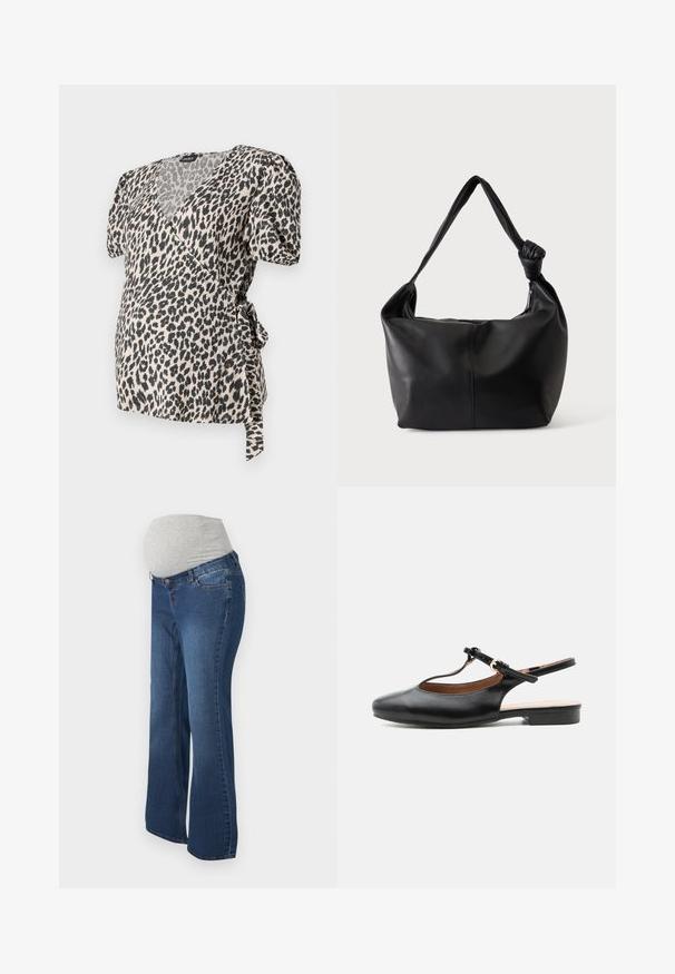 Leopardprint wikkeltop met korte pofmouwen, gemaakt van een zachte stof. Voorzien van een halslijn en strikdetail in de taille. Crème en zwarte kleuren.; Culottes voor zwangerschap in donkerblauwe denim met een grijze rekbare tailleband, voorzien van een recht pijpdesign en zijzakken.; Zwarte leren platte slingbackschoen met T-bandje en gouden gesp op een neutrale achtergrond.; Zwarte leren schoudertas met een enkele geknoopte riem en een zachte, slungelige rechthoekige body.