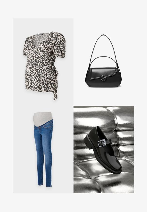 Leopardprint wikkeltop met korte pofmouwen, gemaakt van een zachte stof. Voorzien van een halslijn en strikdetail in de taille. Crème en zwarte kleuren.; Zwangerschapsjeans in blauwe denim met een aansluitende pasvorm. Voorzien van een grijze stretchband voor extra comfort. Klassiek vijfzakkenontwerp met een lichte vervaging.; Zwarte leren Mary Jane-schoenen met een vierkante neus, een zilveren gesp accent en een chunky lage hak, tegen een glanzende zilveren achtergrond.; Zwarte leren schoudertas met een gebogen klep die is bevestigd met een ronde metalen sluiting en een smalle, verstelbare band.
