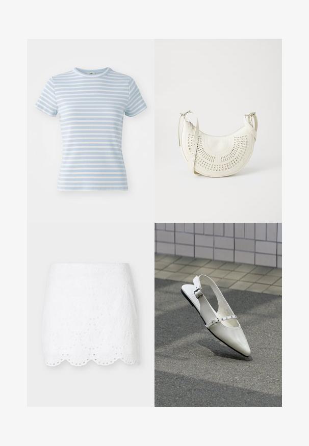 Lysblå kortærmet t-shirt med vandrette hvide striber, ribbet tekstur og rund halsudskæring. Velegnet til hverdagstøj.; Hvid mininederdel med hulmønsterbroderi, bølget kant og blomsterudskæringsmønstre, vist på en ensfarvet lys grå baggrund.; Hvid spids slingback flad sko med to sølvspænder, vist udendørs på tekstureret underlag og flisebelagt væg baggrund.; Hvid vegan læder skuldertaske med perforeret cirkulært design, justerbar strop og indgraveret logo foran. Lynlåslukning øverst.