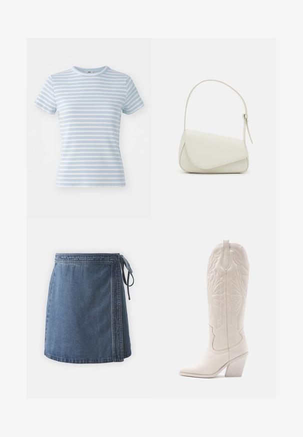 Camiseta de manga corta azul claro con rayas horizontales blancas, textura acanalada y cuello redondo. Ideal para un estilo casual.; Falda mini de mezclilla en azul medio, diseño envolvente con lazo lateral, bordes acabados y una tela ligeramente texturizada. Forma sencilla y funcional.; Bota vaquera de cuero blanco con punta afilada y tacón bloqueado. Presenta patrones de costura intrincados en el caña y una textura suave.; Bolso de mano de imitación cuero blanco con una forma triangular estructurada, correa ajustable única y cierre con solapa acentuada en curva.