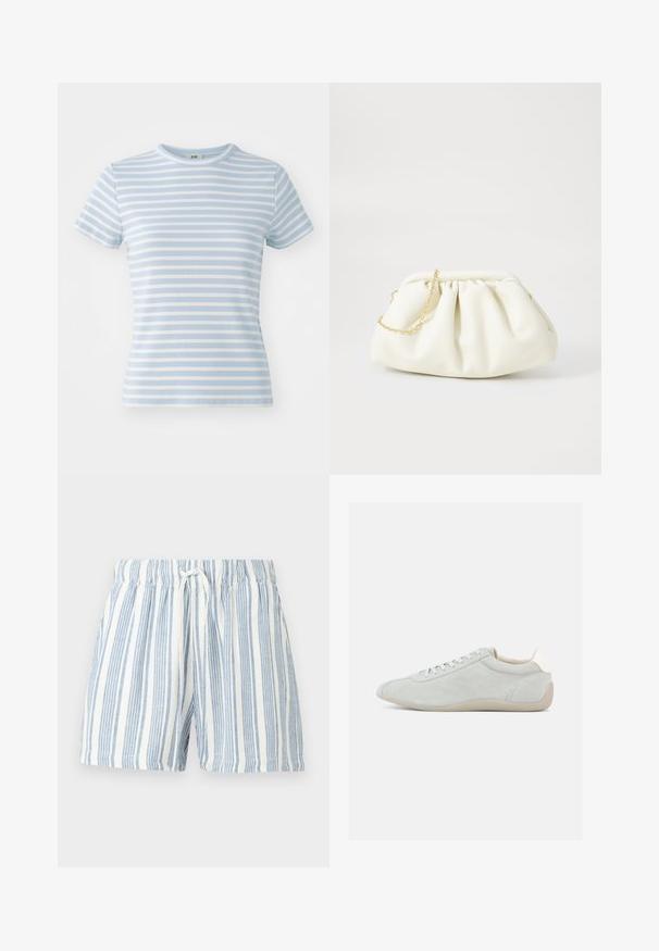 Camiseta de manga corta azul claro con rayas horizontales blancas, textura acanalada y cuello redondo. Ideal para un estilo casual.; Pantalones cortos blancos con rayas verticales azul claro, cintura elástica y cordón blanco en el centro delantero.; Zapatilla de ante gris claro con diseño de perfil bajo, cierre de cordones y suela de goma beige suave. Detalles sutiles de costuras que añaden textura.; Bolso de mano de cuero blanco con un diseño recogido, cuenta con una cadena dorada y forma redondeada. Textura suave con pliegues suaves y sin patrones.