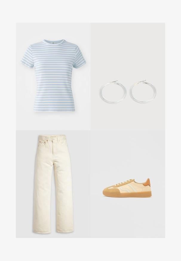 Camiseta de manga corta azul claro con rayas horizontales blancas, textura acanalada y cuello redondo. Ideal para un estilo casual.; Pantalones vaqueros de pierna ancha en denim color blanco roto, con cintura alta, remaches de cobre y diseño clásico de cinco bolsillos. Tejido texturizado con dobladillos limpios.; Zapatillas en tonos beige y crema con materiales de ante y cuero, suelas de goma, tres franjas y un detalle marrón en el talón.; Pareja de pendientes de aro plateados brillantes con cierres de alambre delgado, mostrados sobre un fondo gris claro.