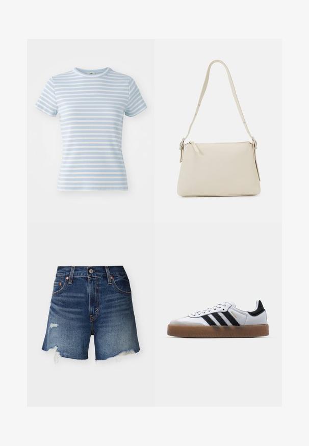 Camiseta de manga corta azul claro con rayas horizontales blancas, textura acanalada y cuello redondo. Ideal para un estilo casual.; Pantalones cortos de mezclilla azul con bordes deshilachados y parches desgastados sobre un fondo claro liso, vista frontal.; Zapatillas de cuero blancas con rayas negras, suela de goma, puntera redonda, cierre de cordones y caperuza de ante gris suave.; Bolso de hombro beige hecho de cuero suave con cierre de cremallera. Presenta un diseño simple, correa de hombro delgada y acentos de hardware metálico.