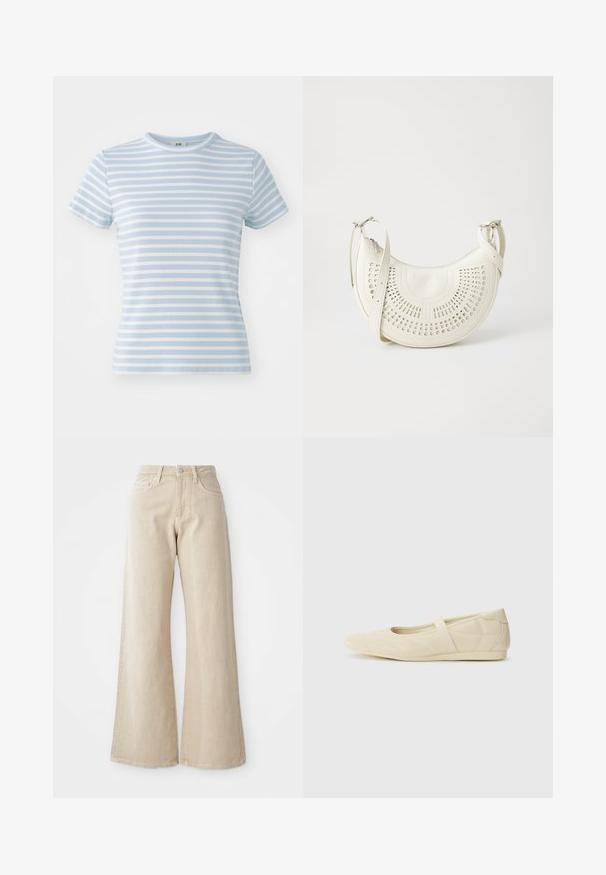 Lichtblauw T-shirt met korte mouwen, voorzien van horizontale witte strepen, ribbelstructuur en een ronde halslijn. Geschikt voor casual dragen.; Beige wijde jeans van denim, met een hoge taille, voorzakken en een eenvoudig ontwerp zonder patronen of accenten.; Beige ballerina's met een gladde leren buitenkant, amandelvormige punt en elastische band over de wreef, met subtiele stiksels.; Witte vegan leren schoudertas met een geperforeerd cirkelontwerp, verstelbare schouderriem en gegraveerd logo op de voorkant. Ritssluiting aan de bovenkant.