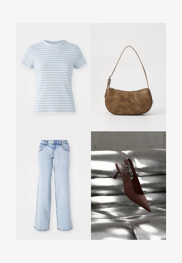 Lysblå kortærmet t-shirt med vandrette hvide striber, ribbet tekstur og rund halsudskæring. Velegnet til hverdagstøj.; Lyseblå denimjeans med en afslappet pasform, lige ben og subtilt slid. Har fem lommer og bæltestropper. Distressed kantdetalje.; Brun spids slingback-sko med lav hæl og spænde, hvilende på en skinnende, metallisk sølv tuftet overflade.; Brun faux læder skuldertaske med en buet form, en enkelt strop, kontrasterende syninger og en lynlåslukning langs den øverste kant.