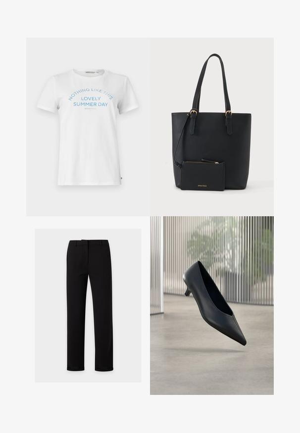 T-shirt en coton blanc à manches courtes et col rond. Présente un texte bleu inscrivant "RIEN DE TEL QU'UN JOLI JOUR D'ÉTÉ" dans un design arquivé.; Pantalon noir à jambes droites avec passants de ceinture, fermeture éclair à l'avant et une ceinture lisse, présenté sur un fond clair uni.; Chaussure noire à talon kitten à bout pointu flottant au-dessus d'un sol en béton lisse avec des panneaux translucides verticaux en arrière-plan.; Sac fourre-tout en cuir noir avec deux poignées et une petite pochette zippée assortie attachée, marqué Anna Field en lettres dorées.