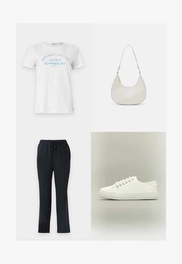 T-shirt en coton blanc à manches courtes et col rond. Présente un texte bleu inscrivant "RIEN DE TEL QU'UN JOLI JOUR D'ÉTÉ" dans un design arquivé.; Pantalons noirs à coupe décontractée avec une taille élastique et un cordon de serrage. Fabriqués en tissu léger, avec une texture lisse et des jambes droites.; Baskets basses blanches avec lacets blancs et semelle en caoutchouc, vues de côté sur un fond neutre.; Sac épaule en cuir crème en forme de croissant, avec une fine sangle et des détails de coutures subtils. Design minimaliste avec des accents en métal doré.
