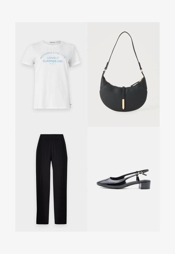 T-shirt en coton blanc à manches courtes et col rond. Présente un texte bleu inscrivant "RIEN DE TEL QU'UN JOLI JOUR D'ÉTÉ" dans un design arquivé.; Pantalon noir droit avec une ceinture élastique et des poches latérales, présenté sur un fond clair uni.; Chaussure slingback en cuir verni noir avec un bout pointu, des côtés découpés et un petit talon block. Équipée d'une bride de cheville avec une boucle.; Sac à main noir en forme de croissant avec une bandoulière unique, une fermeture éclair dorée et une languette décorative rectangulaire dorée à l'avant.