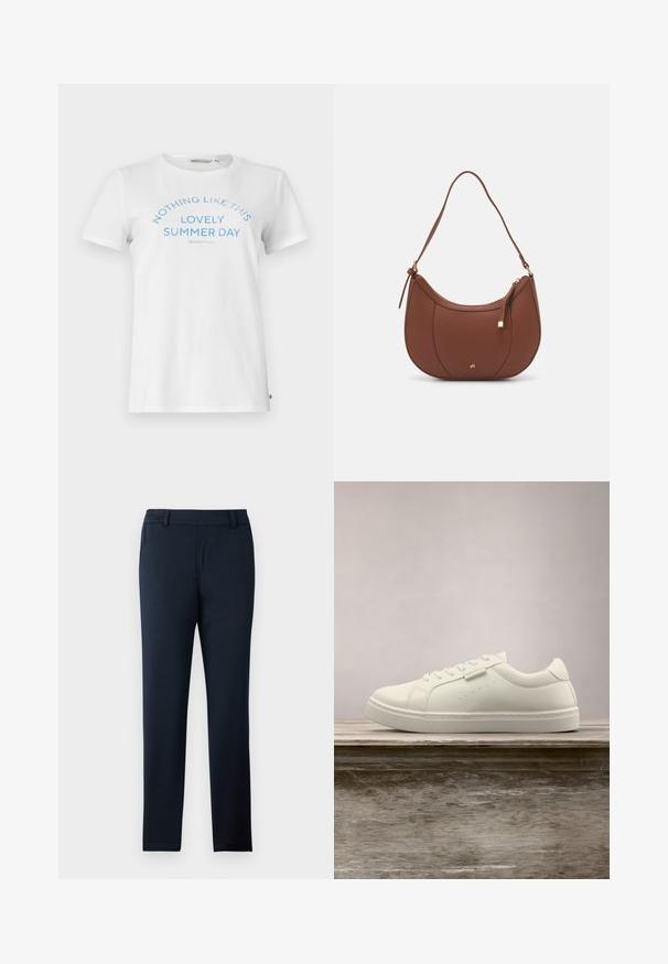 T-shirt en coton blanc à manches courtes et col rond. Présente un texte bleu inscrivant "RIEN DE TEL QU'UN JOLI JOUR D'ÉTÉ" dans un design arquivé.; Pantalons bleu marine en tissu doux et extensible. Dotés d'un devant plat, de passants de ceinture et d'un design à jambe slim et effilée.; Baskets en cuir blanc avec des lacets flottant au-dessus d'un banc en bois, herbe verte haute floue en arrière-plan à l'extérieur.; Sac à épaule en faux cuir brun, de forme arrondie, avec des coutures minimales et un accent en matériel doré. Il possède une fermeture zippée sur le dessus et une sangle réglable.