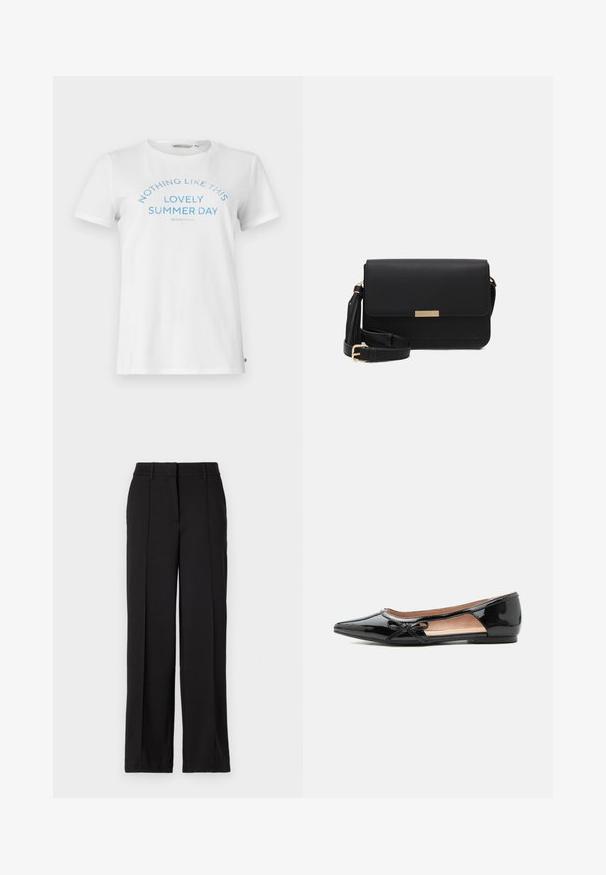 T-shirt en coton blanc à manches courtes et col rond. Présente un texte bleu inscrivant "RIEN DE TEL QU'UN JOLI JOUR D'ÉTÉ" dans un design arquivé.; Pantalons noirs à jambe droite, dotés de deux plis avant, d'une taille et sans poches ni embellissements visibles.; Chaussure plate pointue en cuir verni noir avec découpe latérale et petit nœud décoratif sur le bord extérieur.; Sac en cuir noir avec un rabat, accents en matériel doré, sangle réglable et surface texturée. Forme rectangulaire compacte.