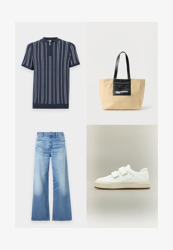 Námořnická pletená polokošile s krátkými rukávy, s vertikálními bílými pruhy, zipovým límcem a pružným lemem.; Calvin Klein Jeans LOW RISE BAGGY - Džínsy voľného strihu - diamond cove; Biele nízke tenisky s dvoma suchými zipsami, béžová hrubá podrážka a jemné logo "ck" na boku, na jednoduchom svetlom pozadí.; Béžová plátenná taška na rameno s čiernymi koženými rukoväťami a predným zipsovým vreckom s nápisom „Karl Lagerfeld Jeans“ na bielom pozadí.