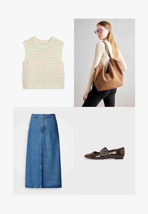Ärmelloses Strick-Top in Creme mit einem strukturierten offenen Webmuster sowie geripptem Hals- und Saumabschluss.; Jeans-Midirock mit entspanntem Schnitt, hoher Taille, ausgefranstem Saum und einfarbigem Blau. Schlichtes Design ohne sichtbare Verzierungen.; Brauner Lackleder-Flachschuh mit spitzer Zehenpartie und drei verstellbaren Schnallenriemen an der Seite, von der Außenseite gezeigt.; Braune Wildleder-Tasche mit weicher Textur, großer Öffnung und langen Trägern. Sie verfügt über ein simples Design mit sichtbarem Stich und ohne Beschläge.