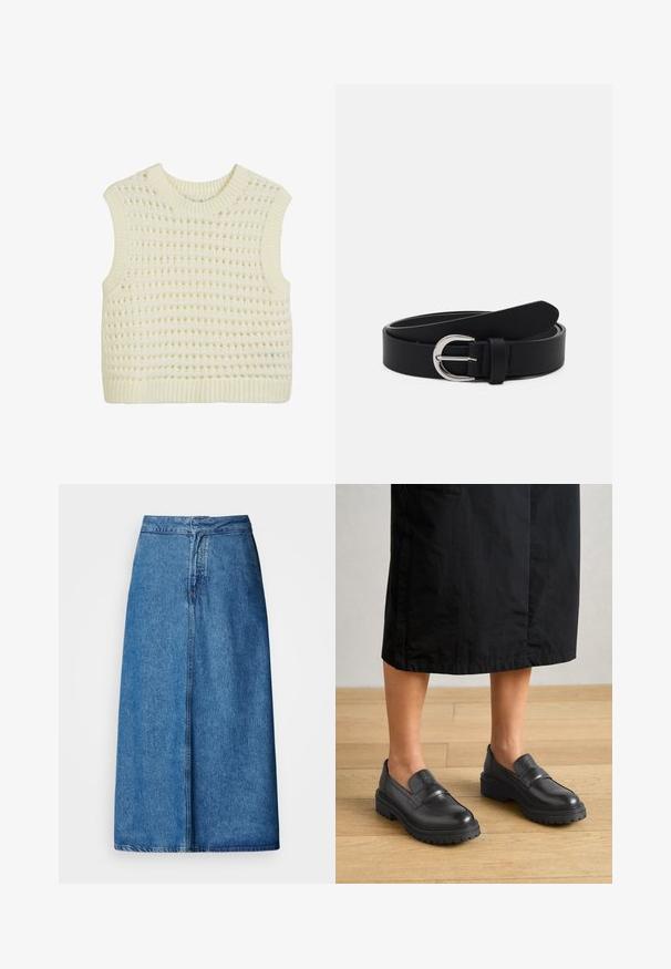 Top sin mangas de punto en color crema, con un patrón texturizado de tramas abiertas y ribete en el escote y el dobladillo.; Falda midi de mezclilla con un corte relajado, presenta una cintura alta, dobladillo deshilachado y color azul sólido. Diseño sencillo sin adornos visibles.; Zapatos negros de cuero tipo slipper con punta redonda, que presentan un panel cosido y una suela robusta, situados sobre un fondo de suelo de madera.; Cinturón de cuero negro con una hebilla redonda plateada, diseño plano, extremo cónico, textura suave y estilo minimalista.