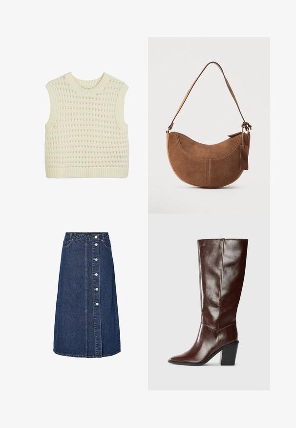 Ärmelloses Strick-Top in Creme mit einem strukturierten offenen Webmuster sowie geripptem Hals- und Saumabschluss.; Jeansrock mit hoher Taille, vorderer Knopfleiste und zwei Seitentaschen. Dunkelblaue Farbe, gerader Schnitt und sichtbare Nahtdetails.; Hohe, dunkelbraune Lederstiefel mit einer spitzen Zehe und einem gestapelten Blockabsatz, seitlich vor einem schlichten Hintergrund dargestellt.; Braune Wildleder-Handtasche mit geschwungener, halbmondförmiger Form. Verfügt über einen Schulterriemen, ein kleines Etikett und sichtbare Nähte entlang der Kanten.