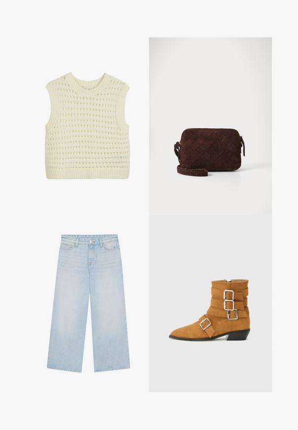 Ærmeløs strikket tanktop i creme, med et struktureret åbent vævemønster samt ribbede kanter ved hals og bund.; Lyseblå brede jeans med høj talje, som har knaplukning, bæltestropper og fem-lomme design. Stoffet har en blød, let falmet tekstur.; RAID COLE - Cowboy- / bikerstøvlette - tan; Brun ruskind crossbody taske med et vævet design, lynlåslukning og en justerbar rem. Har en slank, rektangulær form.
