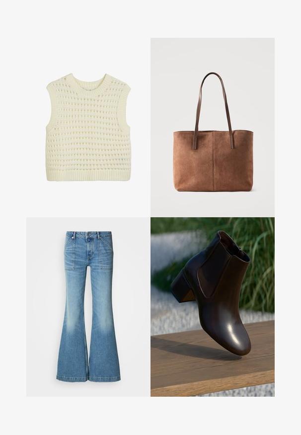 Ærmeløs strikket tanktop i creme, med et struktureret åbent vævemønster samt ribbede kanter ved hals og bund.; Lyseblå denim bukser med flare og høj talje. Indeholder to forlommer og falmende mønster langs benene. Bukseafsatsen er let frynset.; Brun læder ankelstøvle med en afrundet tå og en lav blokhælhæl, der har elastiske sidepaneler og en glat, blank finish.; Brun ruskind shoppertaske med to lange læderhåndtag, enkelt design og synlig central syning på en lys baggrund.