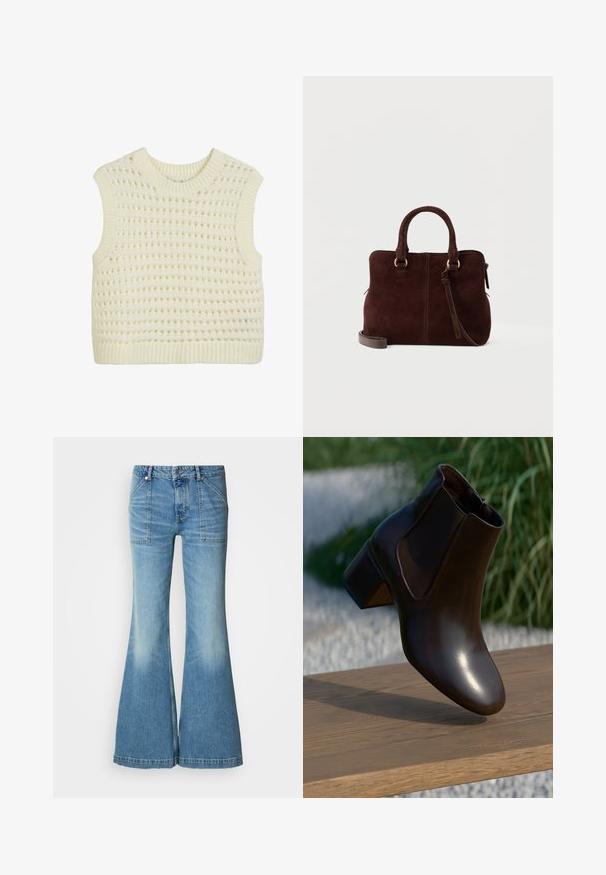 Ärmelloses Strick-Top in Creme mit einem strukturierten offenen Webmuster sowie geripptem Hals- und Saumabschluss.; Hellblaue Jeans aus Denim mit ausgestelltem Bein und hoher Taille. Verfügt über zwei vordere Taschen und ein Farbverlaufsmuster entlang der Beine. Der Saum ist leicht ausgefranst.; Braune Lederanlaufstiefel mit runder Zehenpartie und niedrigem Blockabsatz, ausgestattet mit elastischen seitlichen Einsätzen und einer glatten, glänzenden Oberfläche.; Dunkelbraune Wildleder-Handtasche mit zwei Griffen, goldfarbener Hardware, Reißverschlussverschluss und abnehmbarem Schulterriemen vor einfarbigem Hintergrund.