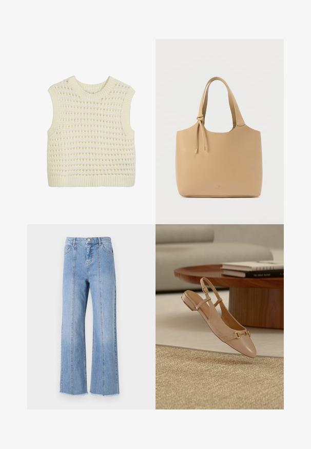Ärmelloses Strick-Top in Creme mit einem strukturierten offenen Webmuster sowie geripptem Hals- und Saumabschluss.; Hellblaue Denim-Hosen mit weitem Bein und hoher Taille, mit Frontnähten und rohem Saum. Sie verfügen über einen klassischen Knopf- und Reißverschlussverschluss an der Taille.; Beiger Lederslingback-Flachschuh mit goldener Schnallenverzierung, schwebend über einem gewebten Teppich, einem Holzcouchtisch und gestapelten Büchern im Hintergrund.; Beiger Tragetasche aus glattem Leder, mit zwei robusten Griffen und goldfarbenen Beschlägen, sowie einem verstellbaren Kordelzugdetail.