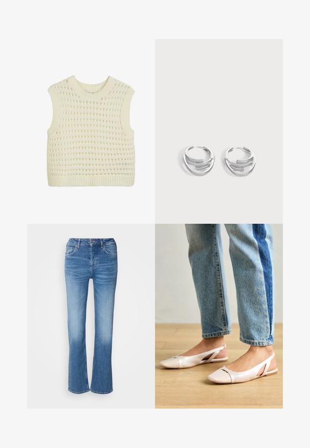 Top sin mangas de punto en color crema, con un patrón texturizado de tramas abiertas y ribete en el escote y el dobladillo.; Jeans de mezclilla acampanados en azul claro. Con una cintura alta, cinco bolsillos y detalles de costura. Textura suave con un efecto de lavado desgastado.; Bailarinas de color rosa pálido con tiras traseras y punta puntiaguda, fabricadas con un material similar al cuero suave. Presentan detalles recortados en los laterales y un tacón plano.; Par de pendientes de aro plateados pulidos con diseño de barra curva en capas sobre un fondo claro y liso.