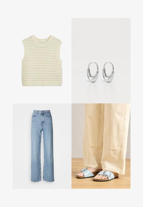 Ærmeløs strikket tanktop i creme, med et struktureret åbent vævemønster samt ribbede kanter ved hals og bund.; Lyseblå højtskårne jeans med lige ben, lavet af denim, med frontknaplukning og diskrete falmede detaljer.; Lysblå strandsandaler med en bred rem og sølvspænde, der har en tekstureret kork-sål og en sort gummiydersål.; Sølv hoops øreringe med en buet, tårnformet skulptur og poleret finish. Har en sikker lås og glat overflade.