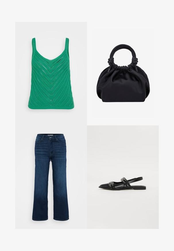 Débardeur tricoté vert avec un motif en chevrons, doté de larges bretelles et d'un décolleté rond. Tissu léger et texturé avec des sections en tricot ajouré.; ONLY Petite ONLMADISON BLUSH WIDE - Wide Leg - dark blue denim; Even&Odd by Zalando Ballerines à brides arrière - black; Sac à main en tissu noir doux avec haut froncé et poignées circulaires rembourrées nouées de chaque côté.