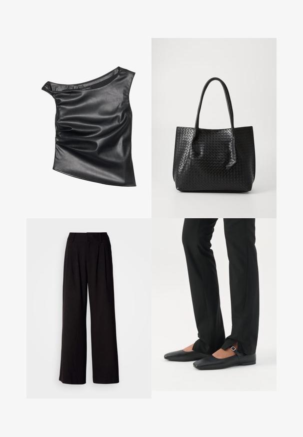 Haut noir asymétrique en faux cuir lisse. Présente un design drapé et un éclat subtil, avec un col rond et une texture superposée.; Pantalon large noir en tissu lisse, avec des plis à l'avant, une taille ajustée, et sans motifs ni accents visibles.; Jambes vêtues d’un pantalon slim noir avec des fentes à l’avant de l’ourlet, assorties à des chaussures plates Mary Jane noires avec une petite bride à boucle.; Sac de tote en cuir tressé noir avec deux poignées, forme structurée et finition légèrement brillante sur un fond clair.