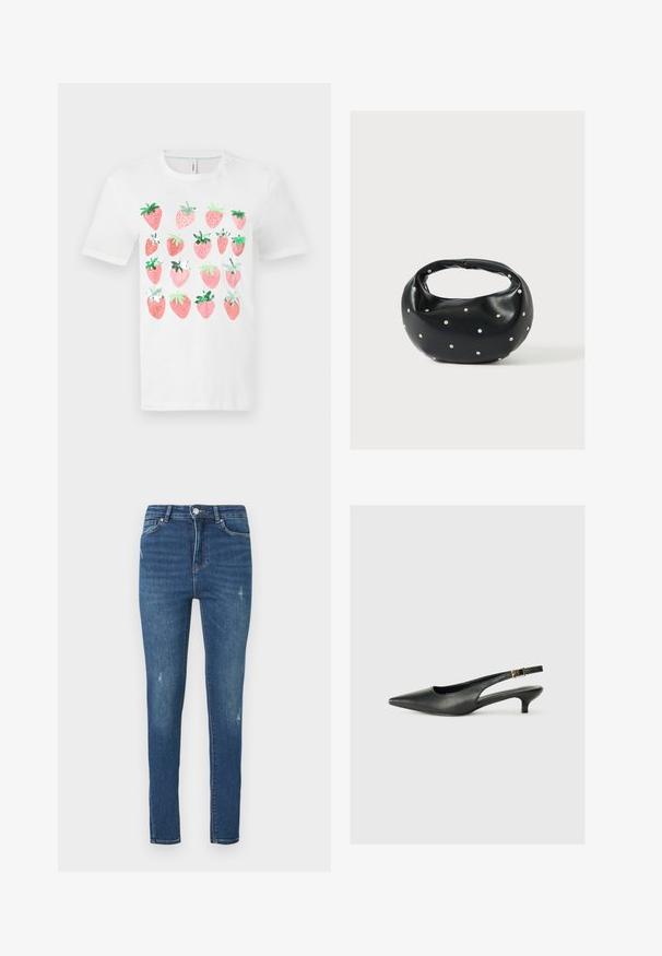 Λευκό βαμβακερό t-shirt με γραφικό τύπωμα ροζ φράουλες με πράσινα φύλλα, οργανωμένες σε μοτίβο πλέγματος. Μαλακή υφή.; Κολάν μπλε τζιν από denim, με μέση μέτριου ύψους, διακριτική φθορά και φθαρμένες λεπτομέρειες, με κλασικό σχεδιασμό πέντε τσαντών.; Μαύρο παπούτσι slingback με μυτερή μύτη, κατασκευασμένο από λείο δέρμα. Διαθέτει λεπτό τακούνι και λεπτομέρεια με αγκράφα στη ρυθμιζόμενη λωρίδα.; Μαύρη δερμάτινη τσάντα χειρός με στρογγυλεμένο σχήμα, διακοσμημένη με ασημένιες λεπτομέρειες με καρφιά και κοντή λαβή. Λείο υλικό και κλείσιμο με φερμουάρ.