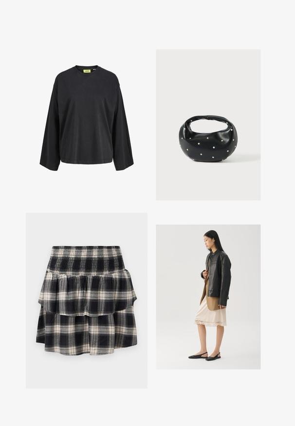 Zwart shirt met lange mouwen, ronde hals, een losse pasvorm en een geel merklipje aan de binnenkant van de kraag.; Zwart-wit geruite tiered rok met smock tailleband. Heeft gerimpelde lagen en een zachte katoentextuur.; Zwarte leren jas over een bruine top, gecombineerd met een licht crèmekleurige slipjurk met kanten rand en zwarte slingback schoenen.; Zwarte leren handtas met een afgeronde vorm, versierd met zilveren studs, en een korte handgreep. Gladde textuur en ritsluiting.