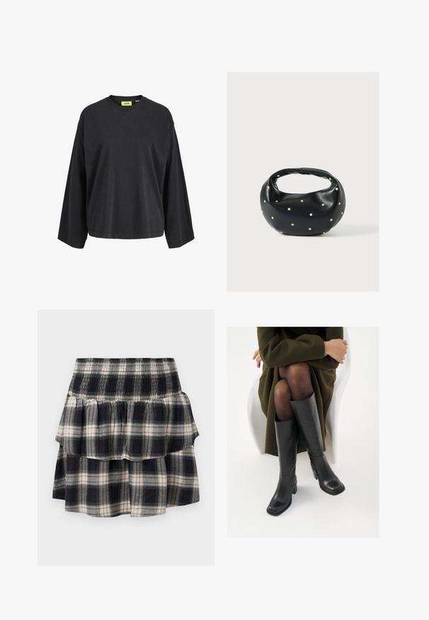 Camiseta negra de manga larga con cuello redondo, corte holgado y etiqueta de marca amarilla en el interior del cuello.; Falda de cuadros en blanco y negro con cintura fruncida. Presenta capas con volantes y una textura suave de algodón.; Botas de cuero negro hasta la rodilla con puntera cuadrada y tacón de bloque, presentadas con un modelo sentado en un abrigo verde oliva. Textura suave, mínimo detalle.; Bolso de mano de cuero negro con forma redondeada, decorado con detalles de tachuelas plateadas y un asa corta. Textura lisa y cierre con cremallera.