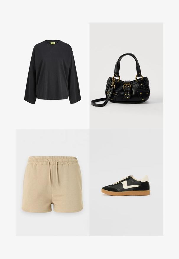 Camiseta negra de manga larga con cuello redondo, corte holgado y etiqueta de marca amarilla en el interior del cuello.; Pantalones cortos de algodón beige con cintura elástica y cordón frontal, diseñados para uso informal.; Zapatillas de deporte de ante y cuero negro con un swoosh lateral en crema y un talón en crema claro. Presenta cordones beige y una suela de goma marrón.; Bolso de cuero negro con hebilla y detalles de remaches dorados, asas cortas y una correa de hombro ajustable sobre un fondo blanco liso.