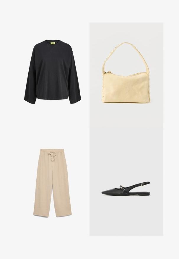 Sort langærmet T-shirt med rund hals og afslappet pasform samt gul mærkat med mærkenavn inde i kraven.; Beige viddebukser med elastisk taljebånd og detaljeret bindebånd foran, lavet af tekstureret stof.; Sorte læder slingback-sko med spids tå, med en smal rem og en sølvspænde-detalje på siden. Flad sål.; Lille beige læderhåndtaske med en enkelt rem og sølvnitter langs kanterne og remmen, sat mod en ensfarvet baggrund.
