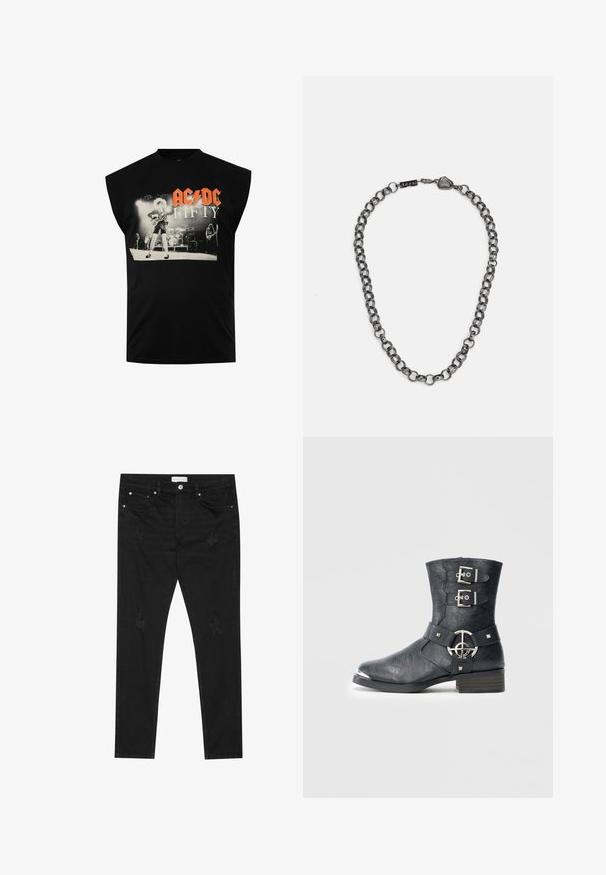 Schwarzes ärmelloses T-Shirt mit einem grafischen Druck eines Musikers mit einer Gitarre und dem Text "AC/DC FIFTY" in Rot und Weiß. Aus Baumwolle.; Schwarze Slim-Fit-Jeans mit dezent ausgefransten Stellen, Metallknopf, Fronttaschen und einem Pier One-Label am Bund.; Schwarzer Lederknöchelstiefel mit abgerundeter Spitze, zwei Riemen mit Schnallen, silbernen Metallakzenten und niedrigem Blockabsatz. Strukturierte Oberfläche.; Metallkettengesicht mit verlängerten Gliedern in einer dunklen Graphitfarbe. Enthält ein geometrisches Akzent- und Verschlussdetail mit Markenlogo.