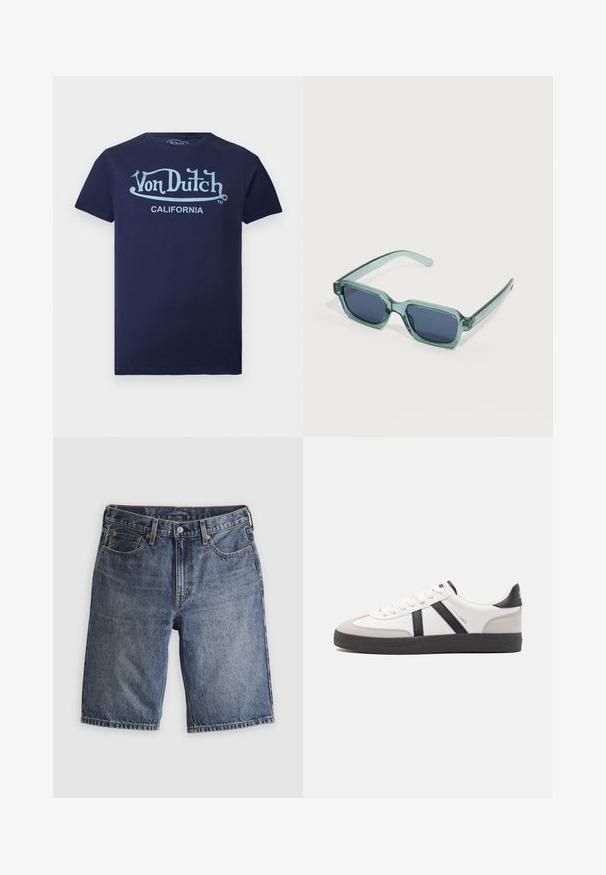 T-shirt bleu marine à manches courtes avec logo "Von Dutch" bleu clair et texte "California" sur le devant.; Short en jean bleu avec poches avant, passants pour ceinture et fermeture par bouton, posé à plat sur un fond clair.; Baskets blanches avec des accents noirs et gris, présentant un embout texturé gris, une semelle en caoutchouc noir et des lacets plats blancs. Design épuré, style minimaliste.; Lunettes de soleil rectangulaires avec montures transparentes vertes et verres bleu foncé, posées sur une surface blanche.