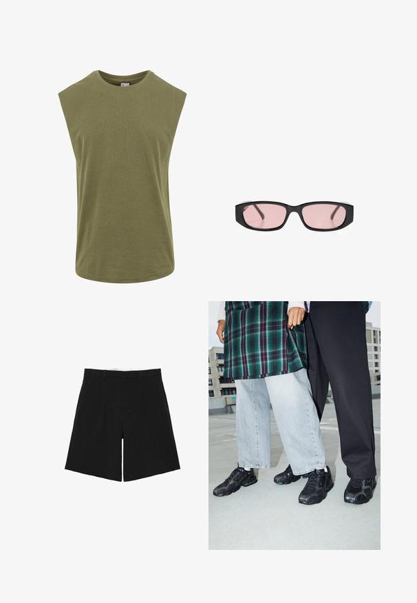 T-shirt sans manches de couleur olive, fabriqué en coton doux, avec un col rond et une coupe décontractée et ample, dotée d'une texture lisse et uniforme.; Short noir sur mesure avec passants de ceinture, plis devant et poches latérales, posé à plat sur un fond blanc.; Baskets de sport noires avec des accents en mesh et en caoutchouc. Portées avec un jean large gris clair et un haut à carreaux vert. Fond à surface plane.; Lunettes de soleil rectangulaires noires avec des verres étroits teintés de rose reposant sur une surface blanche.