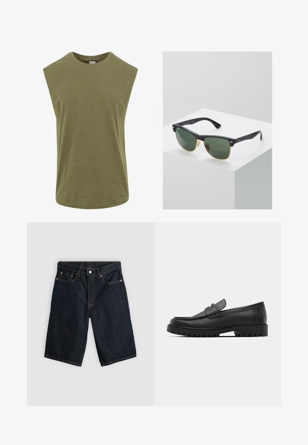 T-shirt sans manches de couleur olive, fabriqué en coton doux, avec un col rond et une coupe décontractée et ample, dotée d'une texture lisse et uniforme.; Shorts en jean bleu foncé longueur genou avec bouton devant, fermeture éclair et cinq poches, posés à plat sur un fond gris clair.; Mocassins en cuir noir à bout arrondi, avec un design cousu, une semelle plateforme basse et une semelle en caoutchouc texturée et crantée.; Lunettes de soleil Ray-Ban avec des verres verts, monture en plastique noir et accents dorés sur les bords. Forme carrée avec une finition mate.