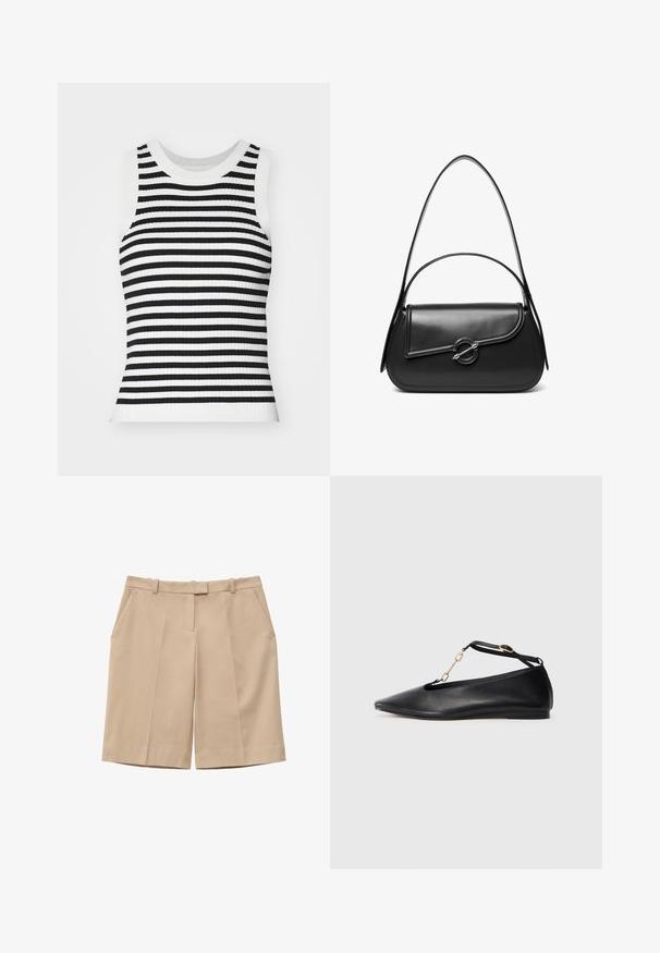 Ribbede strikærmeløs bluse med sort og hvid vandret stribning, rund halsudskæring og en tætsiddende silhuet.; Beige højtaljede shorts med bæltestropper, forreste læg, sidelommer og skjult frontlynlås.; Sorte læder balletflade sko med spids tå, udsnit design, ankelrem og guldkæde accent. Glat tekstur, minimal hæl.; Sort skuldertaske i læder med en buet klap, der er fastgjort med en rund metal spænde, og en slank, justerbar rem.