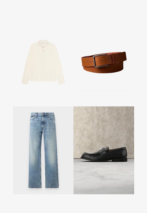 Langärmliges Polohemd in Creme, mit flachem Kragen, einer drei-Knopf-Leiste mit goldfarbenen Knöpfen und einem weichen, strukturierten Stoff.; Hellblaue Jeans mit geradem Bein, hohem Bund, fünf Taschen, Knopfverschluss und dezentem Verblassen an Oberschenkeln und Knien.; Schwarzer Lederloafer mit einer Metallmarkenplatte, der nahe einem braunen runden Tisch auf beigem Teppichboden ruht.; Brauner Ledergürtel mit schwarzer rechteckiger Metallschnalle, verstellbaren Löchern und Schlaufe zum Sichern des Gurtendes.