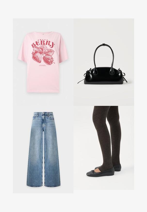 Ροζ ανοιχτό t-shirt με κόκκινες εικονογραφημένες φράουλες, φύλλα και κείμενο που αναγράφει "ΓΛΥΚΗ ΜΠΑΝΤΑΝΑ" και "ΣΤΑΜΑΤΗΣΕ ΚΑΙ ΜΥΡΙΣΕ ΤΙΣ ΦΡΑΟΥΛΕΣ."; Τζιν παντελόνι σε ανοιχτό μπλε χρώμα με φαρδιά γραμμή, ψηλή μέση, μπροστινό κουμπί, φερμουάρ και κλασικό σχέδιο με πέντε τσέπες.; Πόδια με σκουρόχρωμα ριμπ κολάν συνδυασμένα με μαύρα μπαλαρίνα παπούτσια με μικρές λεπτομέρειες φιόγκων σε λευκό φόντο.; Μικρή μαύρη γυαλιστερή τσάντα με δύο μακριές λαβές και λεπτομέρειες με ρυθμιζόμενο κορδόνι στο πλάι σε απλό ανοιχτό φόντο.