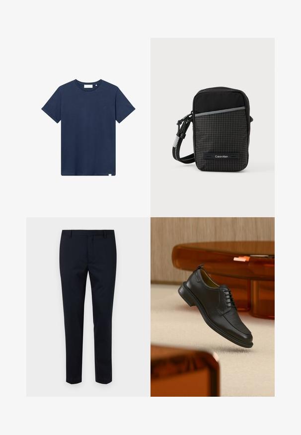Navyblauwe katoenen t-shirt met een ronde hals, korte mouwen en een klein geborduurd logo op de linkerkant van de borst. Zachte textuur.; Donker marineblauwe op maat gemaakte broeken van een gladde stof, met een platte voorkant, riemlussen en een slim-fit ontwerp. Geen zichtbare patronen of accenten.; Zwarte leren veterschoen in de stijl van een nette schoen met een gestructureerd vooraanzicht, zwevend boven een beige tapijt in een moderne kamer met amberkleurige meubelen.; Zwarte crossbodytas met een geruit patroon, gemaakt van getextureerde stof. Voorzien van een voorvak en een logo-accent. Inclusief verstelbare riem.
