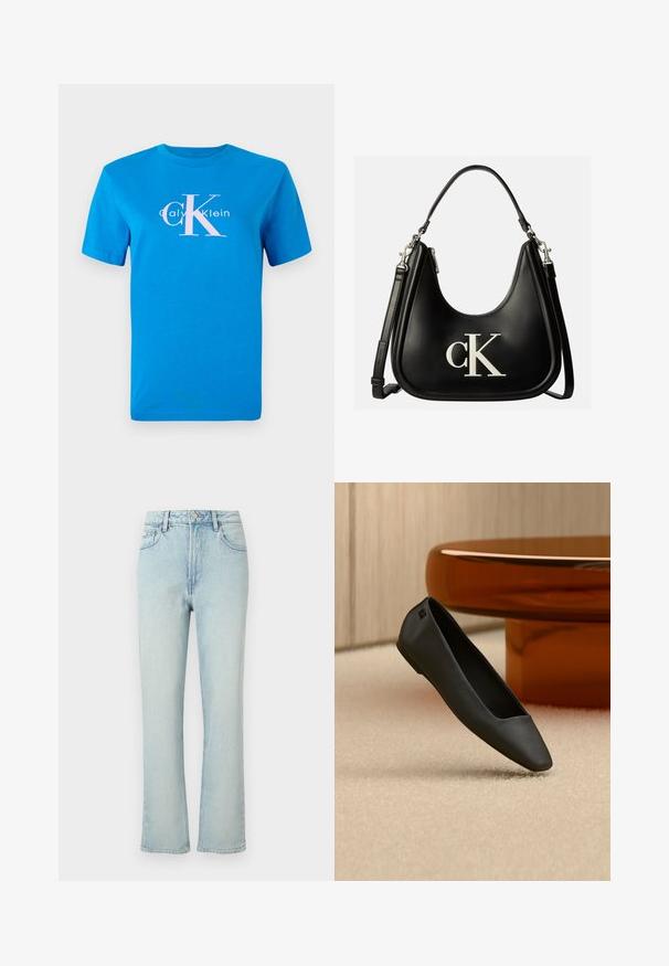Modrá bavlnená tričko s krátkymi rukávmi, s bielym logom Calvin Klein a veľkým ružovým grafickým nápisom "CK" umiestneným na prednej strane.; Svetlomodré rifle s vysokým pásom a rovnými nohavicami, s predným gombíkom, opaskovými očkami a klasickým päťvreckovým dizajnom na jednofarebnom pozadí.; Čierna balerína so špičatou špičkou ležiaca na béžovom koberci pri okrúhlom jantárovo sfarbenom stole v minimalistickom zariadení miestnosti.; Čierna kožená kabelka so strieborným logom "cK" na prednej strane, s krátkym uchom a dlhším nastaviteľným ramenným popruhom.