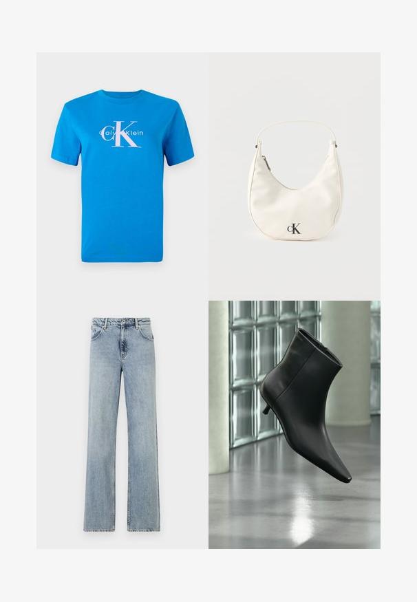 Camiseta de algodón azul con mangas cortas, que cuenta con un logo blanco de Calvin Klein y un gran gráfico rosa "CK" centrado en el frente.; Jeans de mezclilla de color azul claro y de pierna ancha. Presenta un cierre de botón y cremallera, bolsillos delanteros y un ligero desvanecimiento. Dobladillos limpios.; Botín negro de cuero con punta puntiaguda y tacón bajo estilo kitten, mostrado en ángulo sobre un suelo pulido y con una pared de bloques de vidrio de fondo.; Pequeño bolso blanco en forma de media luna con correa corta, cierre de cremallera y logo negro "cK" en el frente.