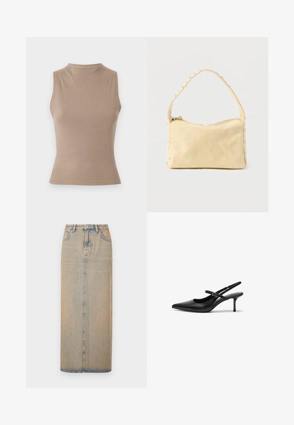 Beige ærmeløs top med høj hals, ribbet struktur og tætsiddende design. Minimalistisk stil uden synlige dekorationer.; En lang denimnederdel i lyseblå med lige snit. Har fem lommer, bæltestropper og knaplukning foran. Fadede tekstur over det hele.; Sorte læder slingback hæle med spids tå, slank justerbar rem og en stiletto hæl på cirka 5 cm, glat tekstur.; Lille beige læderhåndtaske med en enkelt rem og sølvnitter langs kanterne og remmen, sat mod en ensfarvet baggrund.