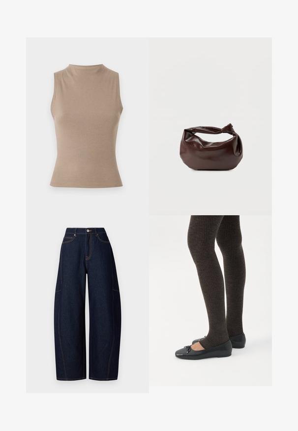 Beige ærmeløs top med høj hals, ribbet struktur og tætsiddende design. Minimalistisk stil uden synlige dekorationer.; Bredde ben mørkeblå denimbukser med kontrasterende orangetråd, fem lommer og en knap- og lynlåslukning i taljen.; Ben iført mørke ribbede leggings kombineret med sorte balletsko med små sløjfedetaljer på hvid baggrund.; Mørkebrun læder skuldertaske med en blød, afslappet form og et snoet knudehåndtag på en ensartet hvid baggrund.