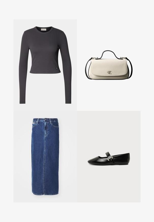 Langærmet, cropped top i mørkegrå ribbet stof med en rund halsudskæring og et lille logo patch nederst. Glat tekstur, tætsiddende design.; Mørkeblå denimnederdel, knælang, med slidse foran, traditionel talje og fem-lommes design med kontrasterende syninger.; Sort læder Mary Jane-flad sko med rundet tå og sølvspænde på ensfarvet baggrund.; Cremefarvet rektangulær håndtaske med sort rem og håndtag, foran klaplukning samt lille sølvfarvet "cK" logo midt foran.