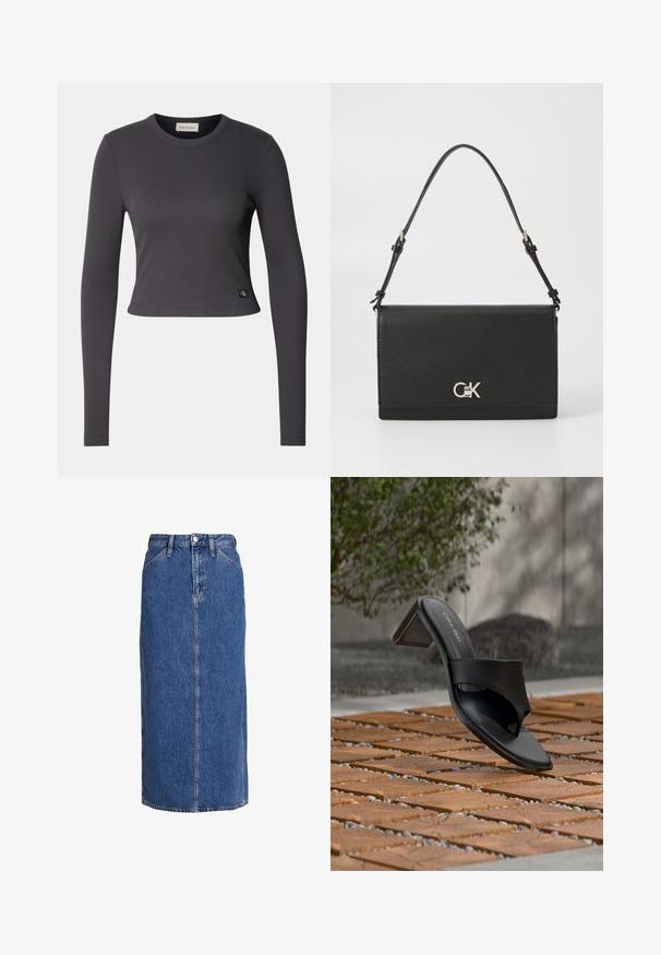 Langærmet, cropped top i mørkegrå ribbet stof med en rund halsudskæring og et lille logo patch nederst. Glat tekstur, tætsiddende design.; Denim midi nederdel i mellemblå med lige snit, forkant knaplukning, to sidelommer og synlige sømme for struktur.; Sort Calvin Klein hælet sandal med tå-loop på trægulv udendørs nær et træ og en stenmur.; Sort læder crossbody taske med en glat tekstur, klaplukning og en sølv logo accent. Indeholder en justerbar rem.