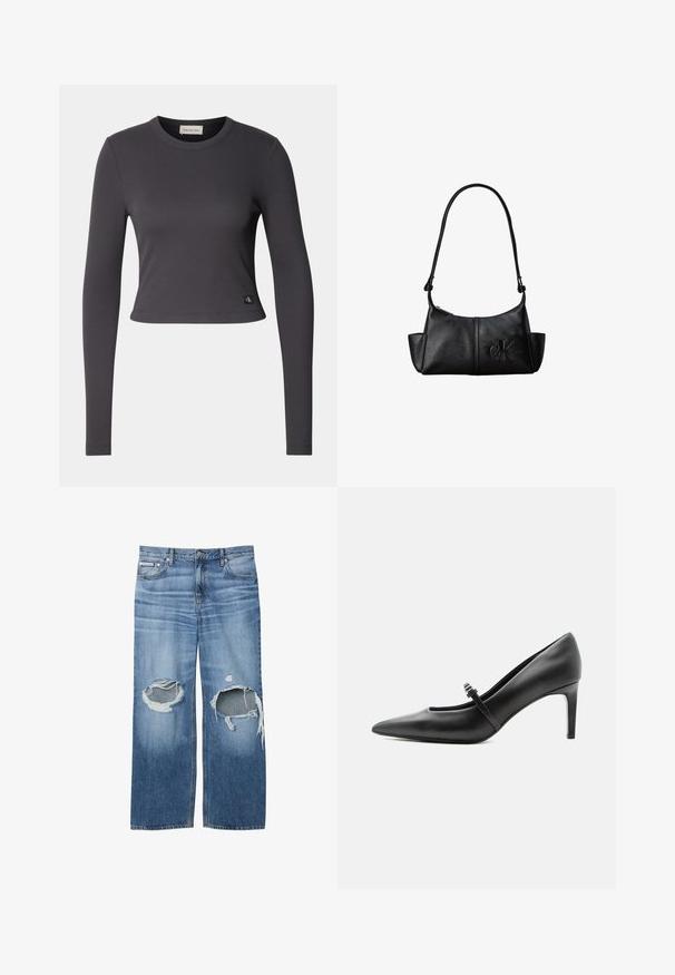 Langærmet, cropped top i mørkegrå ribbet stof med en rund halsudskæring og et lille logo patch nederst. Glat tekstur, tætsiddende design.; Blå denimjeans med store revnede huller på begge knæ og et lille Calvin Klein-mærke på højre forlomme.; Sort læderspids højhælede sko med tynd rem og spænde over vristen, stående på en neutral lys baggrund.; Sort læder skuldertaske med lang rem, sidelommer og præget Calvin Klein-logo på fronten.